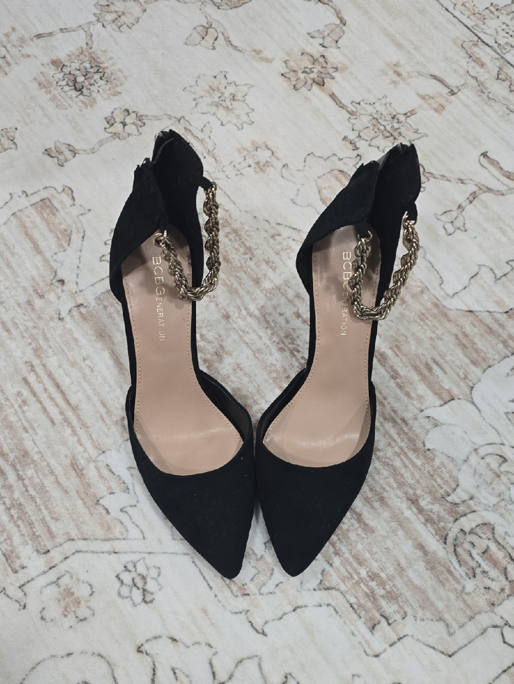 BCBGeneration Black Pointed-Toe Pumps with Gold Chain Ankle Straps